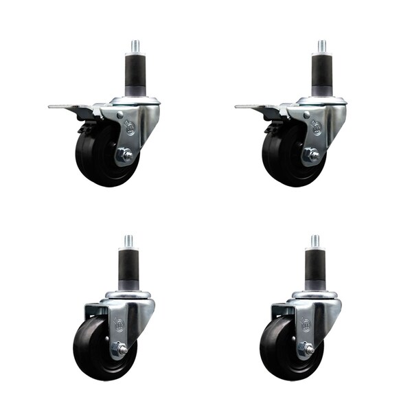 3'' Soft Rubber Swivel 1-1/4'' Expanding Stem Caster Set 2 Total Lock Brakes, 4PK